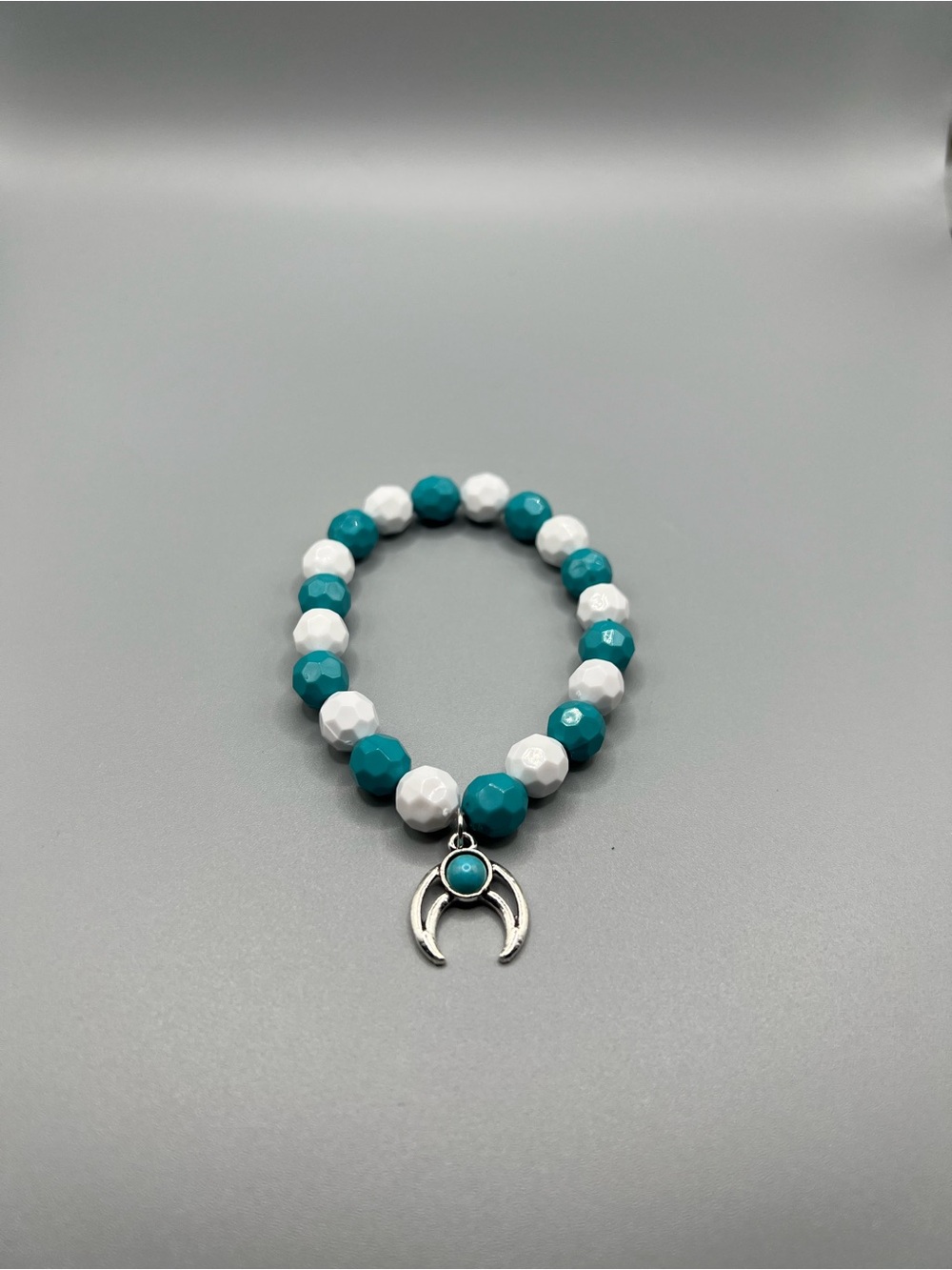 Turquoise & White Beaded Crescent Charm Bracelet - Handmade #B0348T